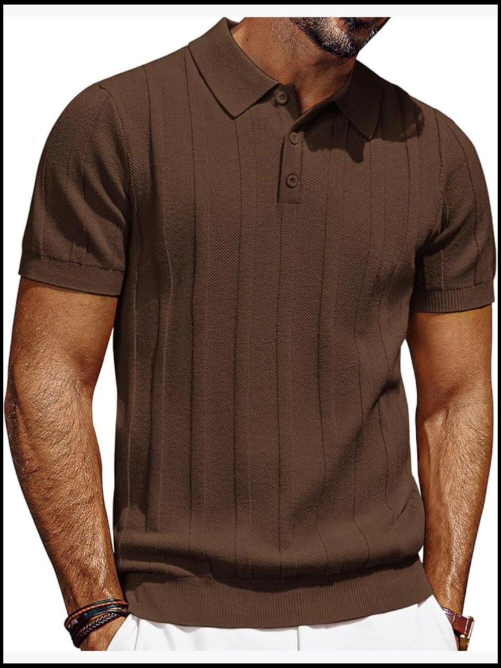 Men's Textured Knit Polo Shirt Short Sleeve Ribbed Casual Golf Top